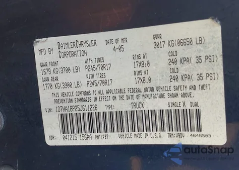 2005 Dodge Ram 1500 Slt/Laramie из США, поврежденный, VIN 1D7HA18P25J611226